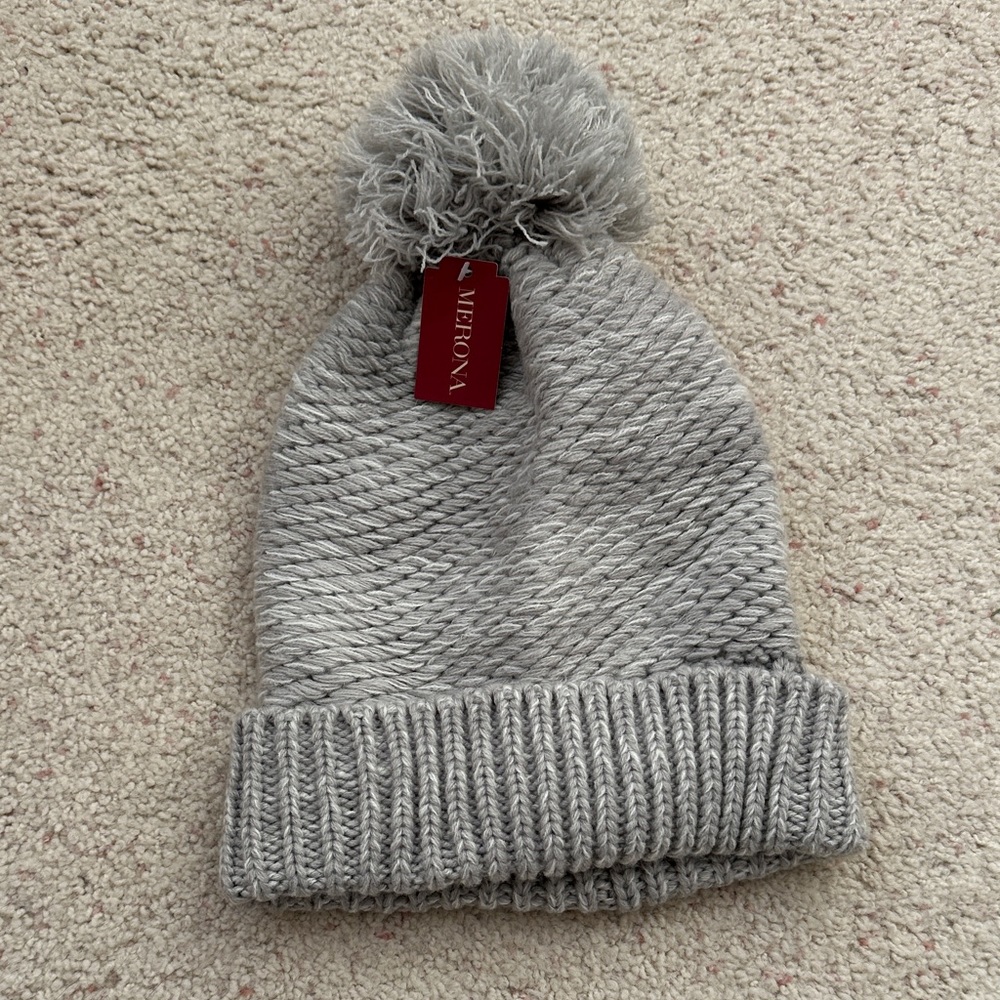 Gray Knit Beanie with Pom Pom